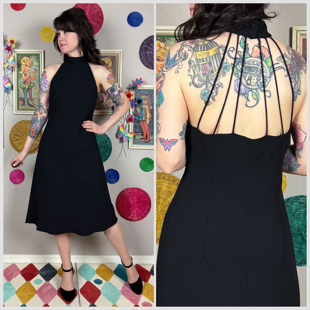 Vintage 90s Black Mock Neck Strappy Back Cocktail Dress